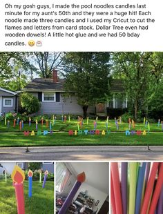 the yard is decorated with plastic candles and streamers to make it look like they have been