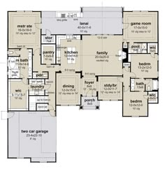 the floor plan for this house shows two car garages and three separate living areas