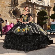 Black Charro Quinceanera Dresses Ball Gown Off The Shoulder Organza Appliques Ruffles Mexican Sweet Sunflower Quinceanera Dress, Mariachi Quinceanera Dress, Quinceanera Dresses Black, Split Front Skirt, Charro Quinceanera, Charro Quinceanera Dresses, Black Princess, Dresses Ball Gown, Quinceanera Dress