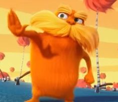 the lorax is standing in front of some skis and holding a pink umbrella