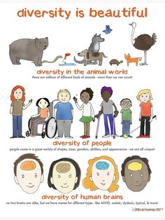 an image of people with different types of animals and plants on them, including the words diversity is beautiful