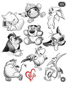 various cartoon characters are drawn in pencil and ink, including the character from disney's animated