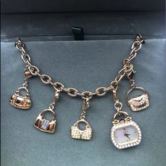 Hpnwt- Women’s Citizen Watch-(Eg2312-65d)Gold Tone Charm Bracelet Style- 6 Dangling Swarovski Crystal Charms W/Lobster Catches For Easy Removal- Watch Charm Has Mother Of Pearl Face- Eco Driven (Solar Powered) Retail $350, Sell $175hprunway Worthy Host Pick2/1/20 Everyday Luxury Rose Gold Jewelry With Diamond Hour Markers, Elegant Rose Gold Watches As Fashion Accessory, Vintage Jewelry Crafts, Citizen Watch, Bracelet Style, Eco Drive, Crystal Charm, Mother Pearl, Solar Powered