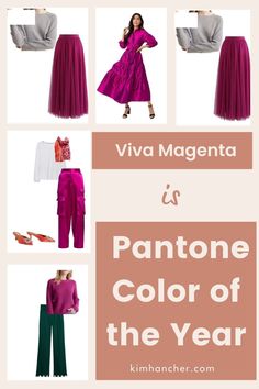 Viva Magenta is the Pantone color of the year, but it can be difficult to wear. Learn easy ways to wear the color of the year for 2023. Pantone Color For 2023, Magenta Capsule Wardrobe, Magenta Clothes Outfit, Color Of The Year 2023 Fashion, Pantone Color Of The Year 2023, Magenta Outfit Ideas, Color Of 2023, Magenta Outfit, Magenta Pantone