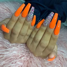 Orange Acrylic Nails, Nails With Rhinestones, Nails Orange, Orange Nail, Orange Nails, Coffin Nails Designs, Bling Nails, Dope Nails