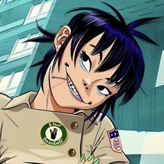 an anime character with black hair and piercings on his face, smiling at the camera