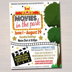 the movie in the park flyer is displayed on a wooden background with trees and stars