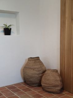 two vases sitting on the floor in front of a wall with a potted plant