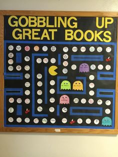 a black board with white circles and words on it that says gobbling up great books