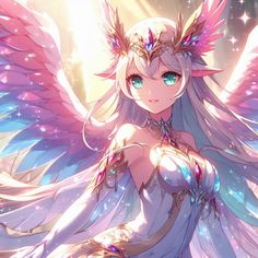 an anime character with angel wings and blue eyes, holding her hands on her hips