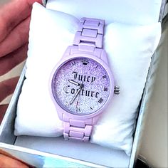 Black Label Juicy Couture Watch! Very Pretty! Lilac Purple Glitter Face Watch! Battery Works. Brand New With Tag. Price Firm. Trendy Party Watches, Juicy Couture Watch, Silver Watches Women, Juicy Couture Accessories, Glitter Face, Pink Watch, Gold Watches Women, Watch Battery, Couture Accessories