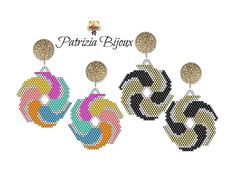 three pairs of earrings with different colors and designs on the front, two are made out of