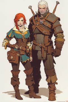 an image of two people standing next to each other wearing armor and holding swords in their hands