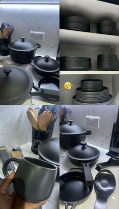 several different pictures of pots and pans on display