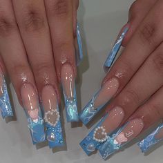 Blue Nails Hello Kitty, Nail Designs Sky Blue, Blue Hello Kitty Nails, Sky Blue Nails, Kitty Nails, Fake Nails Long, Girly Acrylic, Kitty Items, Nail Techniques