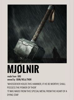 an advertisement for the movie molnir, with a hammer in it's hand