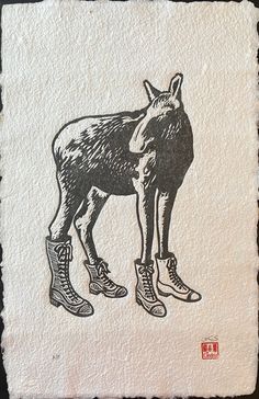 a black and white drawing of a dog with boots on