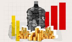 stacks of gold coins next to a bottle with graph in the backgroung