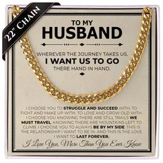 a gold chain with the words to my husband on it