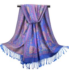 "Light weight royal blue floral pashmina scarves for women Bright vibrant color scarves for summer spring and fall seasons, soft and silky material. Oversized wraps can be worn in many ways around your neck, over the head, beach cover up or as a drape. Ideal gift for any one. ~~Item details~~ Quantity: 1 rectangular long scarf Material: viscose jacquard Length: approx. 76.5 inches ( 195 cm) Width: approx. 27.5 inches ( 70 cm) Fringes: 3\" on both ends ~~Care Instructions~~ Gentle cold hand wash Rave Wedding, Wedding Pashmina, Stylish Drapes, Spring Shawl, Purple Shawl, Festival Scarves, Winter Wrap, Scarf Material, Bridesmaid Accessories