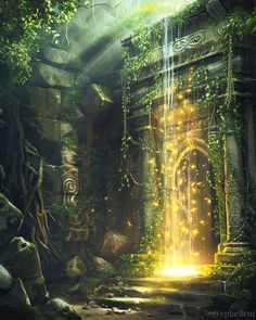 an image of a doorway in the jungle with lights coming from it and trees growing around