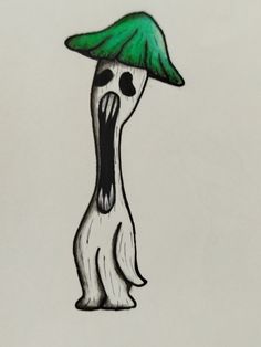 a drawing of a mushroom with a green hat on it's head and mouth