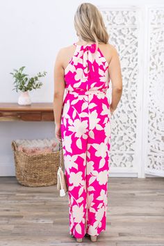 Product Details Colors: Hot Pink, Light Peach Print: Floral Neckline: Halter Sleeve: Sleeveless Hemline: Straight Brand: Onetheland Material and Care 100% Polyester Dry Clean Only Size and Fit Small: Bust 34" Waist 24/28" Length 56" Rise 14" Inseam 27.5" Medium: Bust 36" Waist 26/28" Length 56.5" Rise 15" Inseam 27.5" Large: Bust 38" Waist 28/32" Length 57" Rise 15.5" Inseam 28" Photo model is 5'4 and wearing a size small Video model is 5’8 and wearing size small Peach Print, Halter Neck Jumpsuit, Hot Pink Floral, Photo Model, Pink Floral Print, Light Peach, Pink Light, Large Bust, Sweater And Shorts