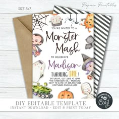 an image of a printable halloween party card with pumpkins and witches on it