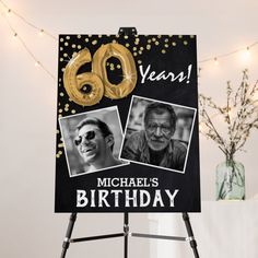 a black and gold 60th birthday sign with two photos