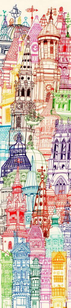 an artistic drawing of colorful buildings on white paper