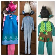 three pictures of children's clothing made to look like cartoon characters