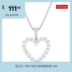 Features: Certified Diamonds, Quick ShipDiamond Clarity: Si1-Si2Jewelry Closure: Spring Ring ClaspSetting: ProngShape: HeartStone Cut: RoundDiamond Color: G-HMetal Color: WhiteChain Length: 18 InchPendant Length: 12.7mmPendant Width: 15.7mmRounded Carat Weight: 1/4 Ct. T.w.Chain Construction: BoxCare: Wipe CleanStone Type: 20 Lab Grown DiamondAuthenticity: Lab Grown DiamondBirthstone: April BirthstoneMetal: Sterling SilverNecklace Type: Pendant NecklacesCountry of Origin: Imported White Heart Necklace With Diamond Accents, Sterling Silver Heart Pendant, Sterling Silver Heart, Heart Pendant Necklace, White Diamond, Spring Rings, Heart Pendant, Pendant Necklace, Sterling Silver