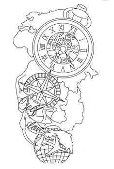 a black and white drawing of a clock with the world in it's hands