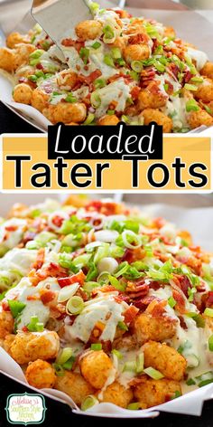 Loaded Tater Tots Loaded Tater Tots Recipes Chicken, Game Day Tater Tots, Loaded Cheesy Tater Tots, Loaded Tater Tots Casserole Recipes, Smothered Tater Tots, Tater Tot Toppings, Gameday Sides, Tator Tot Side Dishes