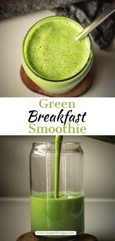 the green smoothie is in a glass with a straw sticking out of it's side