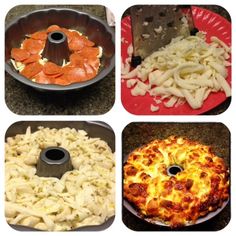 there are four different types of pizzas in the same pan and one is being cooked