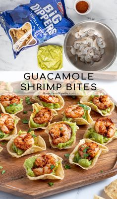 guacamole shrimp bites on a cutting board with chips