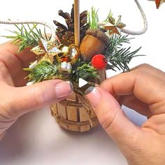 two hands are holding a miniature basket with pine cones and other things in it while another hand is placing something on top of the basket