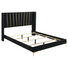 a black and gold bed frame with wooden slatted headboard on an isolated white background