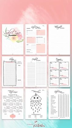 the printable planner is displayed on a pink and blue background with watercolor stains