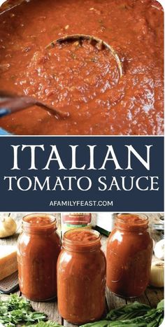 italian tomato sauce in jars with the title above it