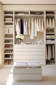 an organized closet with white furniture and shoes