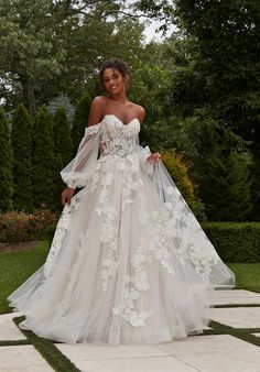 Romantic Spring Wedding Dress, Princess Fairy Wedding Dress, Wedding Dresses Lace Flowers, Whimsical Fairy Wedding Dress, Wedding Dress Heart Neckline, Off The Shoulder Floral Wedding Dress, Simple Wedding Dress Inspiration, Wedding Dresses With Flowers Detail, Wedings Drees Girl