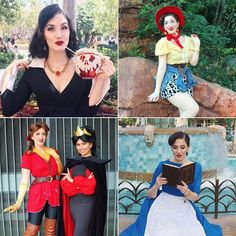 four different photos of women dressed in costumes and holding books, including one woman wearing a costume