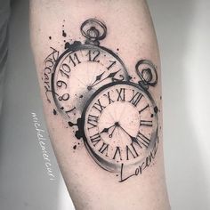 a black and white clock tattoo on the right arm with words written below it,