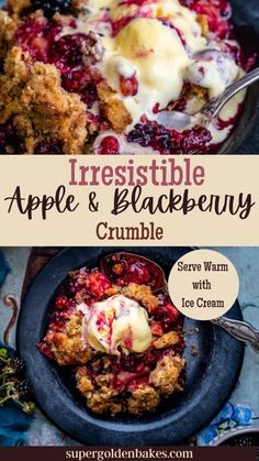 an apple and blackberry crumble dessert with ice cream on top in a cast iron skillet