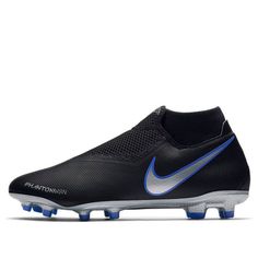 the nike vapor meron fg soccer cleat in black and white with blue accents