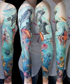 some people with tattoos on their arms and legs, all showing different types of animals