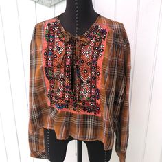 Kimchi Blue Beautifully Embroidered Plaid Cotton Blouse Brown/Orange/White/Black Women’s Small Please Note Measurements - This Is An Oversized Top Long Sleeve; Longer In The Back, Shorter In The Front New, With Tags; Excellent Condition; Only Removed From Packaging To Photograph Very Unique Bohemian Blouse Perfect With A Tank Underneath For The Fall Open Neckline With Self Tie Gorgeous. Boho Crop Top, Burgundy Crop Top, Cold Shoulder Crop Top, Blue Halter Top, Bohemian Blouse, Boho Peasant Top, Boho Crop Tops, Lace Short Sleeve Top, Flowy Shirt