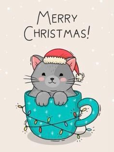 a gray cat in a santa hat is sitting on top of a blue cup with the words merry christmas